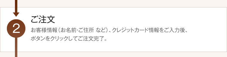 2.ご注文　お客様情報（お名前・住所など）、クレジットカード情報を入力後、ボタンを押して注文完了になります